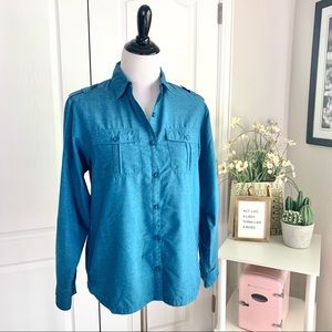 Blue Eastern Mountain Sports button up long sleeve shirt